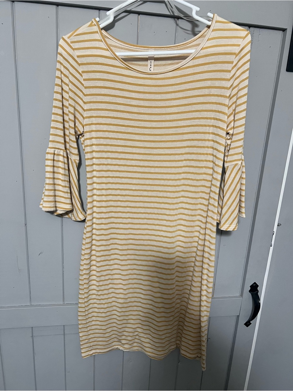 Gilli Yellow & White Striped Midi Dress with Bell Sleeves